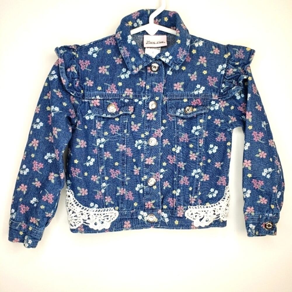 Little Lass Lace Embellished Floral Jean Jacket with Jeweled Snaps Size 4